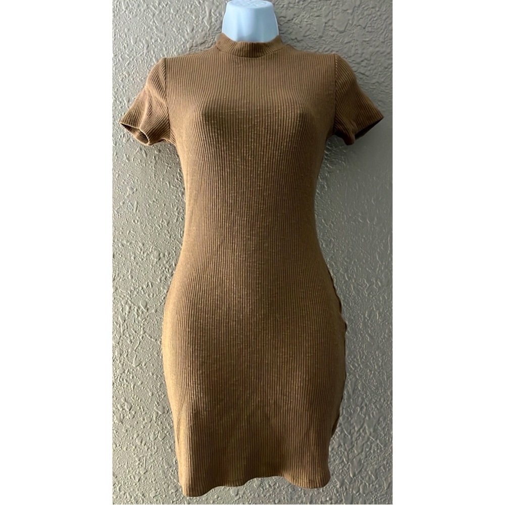 Beige/Tan Brown Ribbed Turtleneck Bodycon Short-Sleeve Mini Sweater Dress